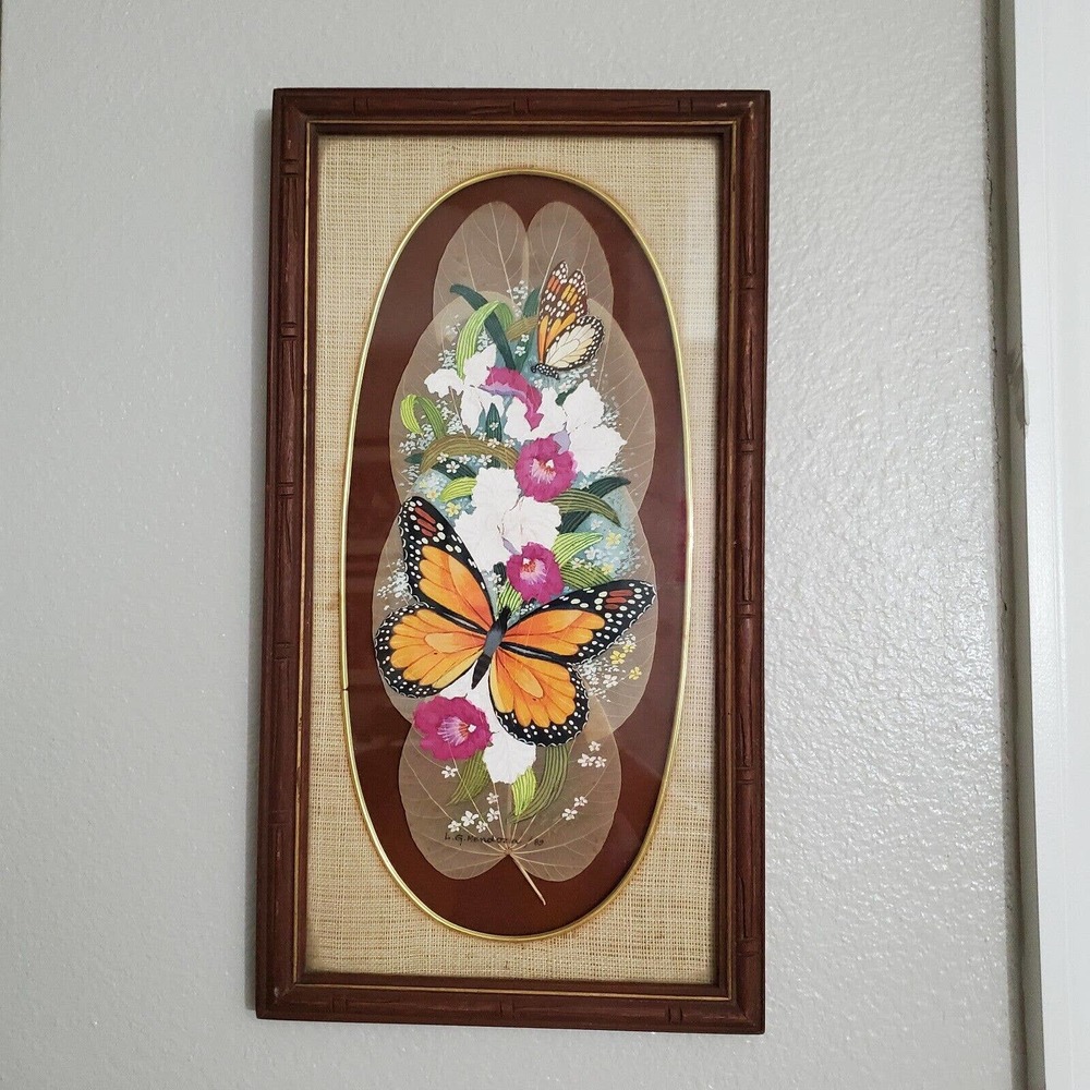 Vintage Butterfly Artwork on Burlap by Artist L.G. Mendoza Wooden Frame